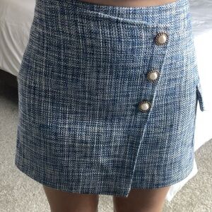 Anthropologie Blue Tweed Mini Skirt with Button Details